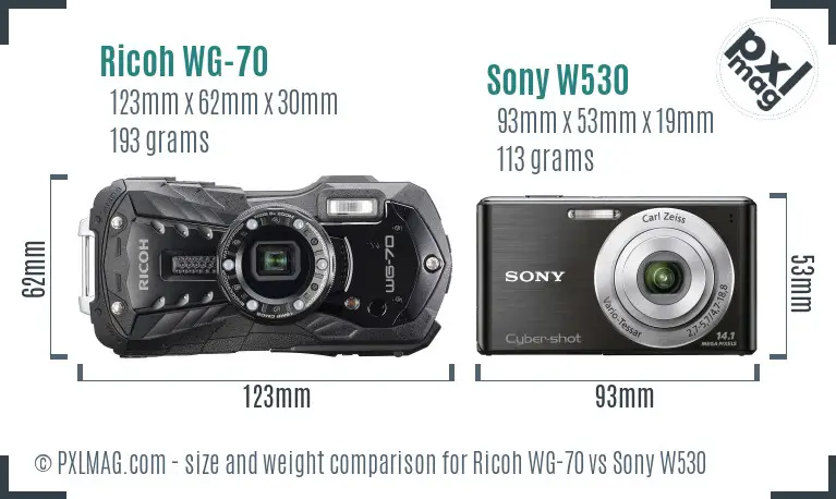 Ricoh WG-70 vs Sony W530 size comparison