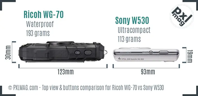 Ricoh WG-70 vs Sony W530 top view buttons comparison