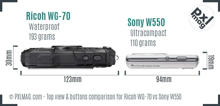 Ricoh WG-70 vs Sony W550 top view buttons comparison