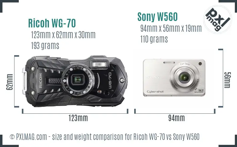 Ricoh WG-70 vs Sony W560 size comparison