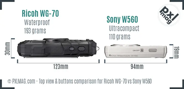Ricoh WG-70 vs Sony W560 top view buttons comparison