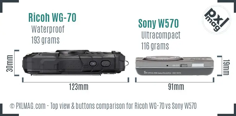 Ricoh WG-70 vs Sony W570 top view buttons comparison