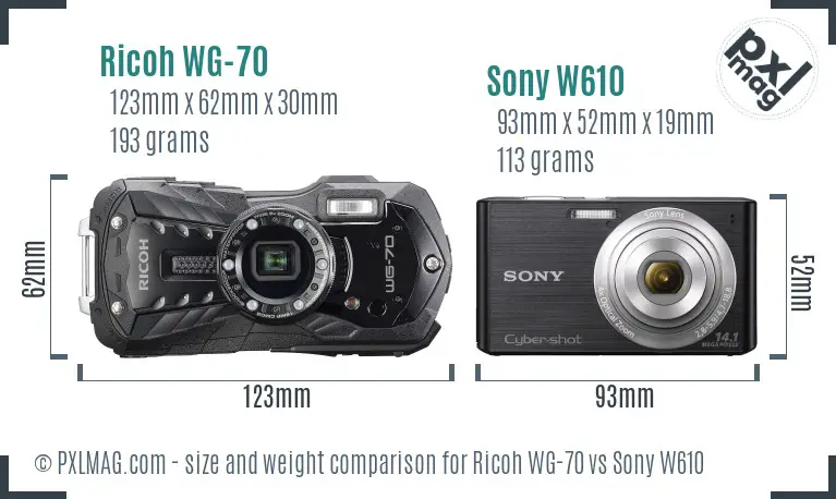 Ricoh WG-70 vs Sony W610 size comparison
