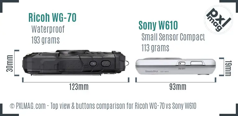 Ricoh WG-70 vs Sony W610 top view buttons comparison