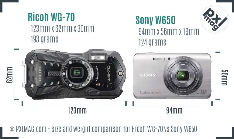 Ricoh WG-70 vs Sony W650 size comparison