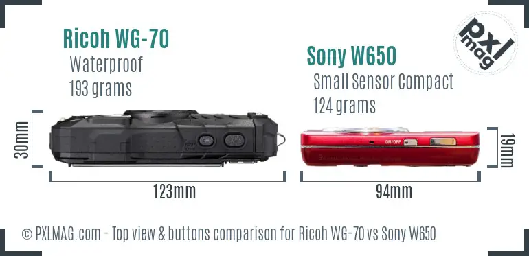 Ricoh WG-70 vs Sony W650 top view buttons comparison