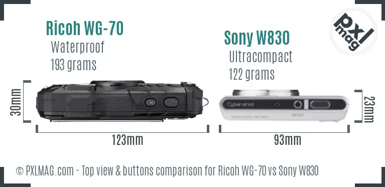 Ricoh WG-70 vs Sony W830 top view buttons comparison Ricoh WG-70 vs Sony W830 top view buttons comparison