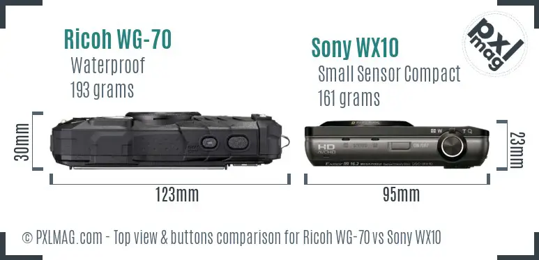 Ricoh WG-70 vs Sony WX10 top view buttons comparison