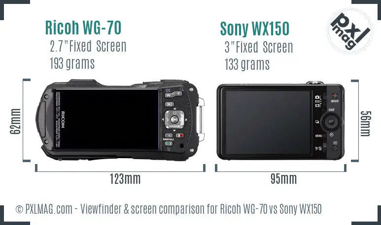 Ricoh WG-70 vs Sony WX150 Screen and Viewfinder comparison