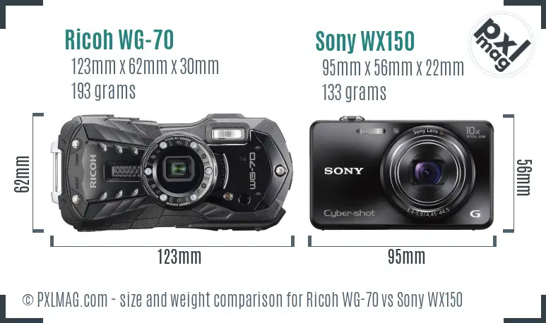 Ricoh WG-70 vs Sony WX150 size comparison