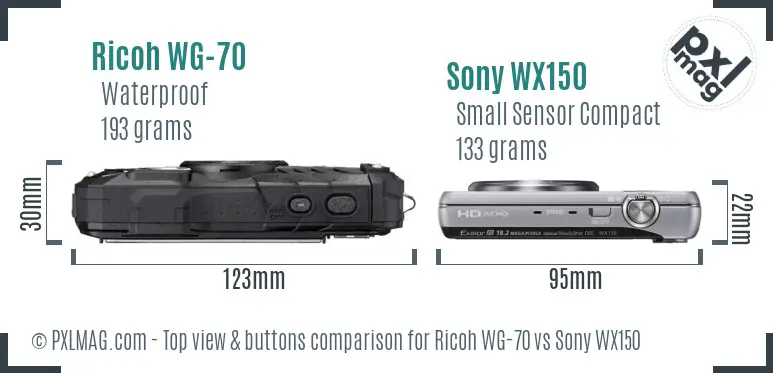 Ricoh WG-70 vs Sony WX150 top view buttons comparison