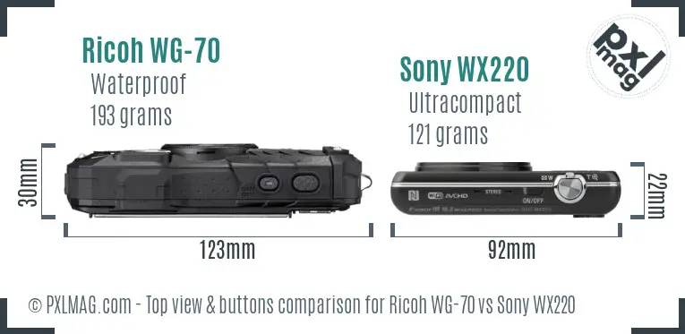 Ricoh WG-70 vs Sony WX220 top view buttons comparison