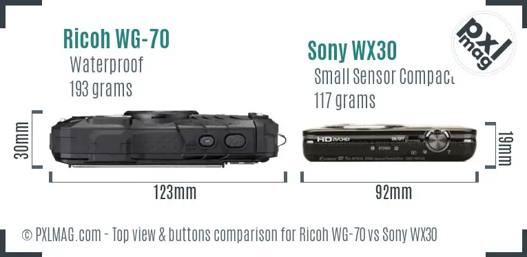Ricoh WG-70 vs Sony WX30 top view buttons comparison