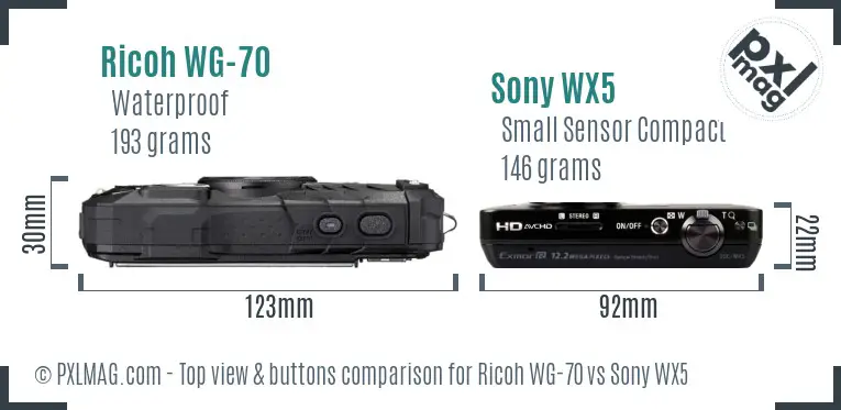 Ricoh WG-70 vs Sony WX5 top view buttons comparison