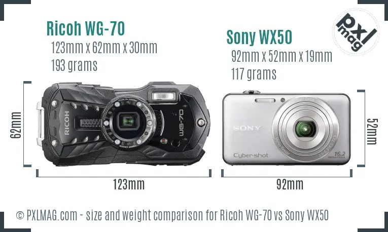 Ricoh WG-70 vs Sony WX50 size comparison