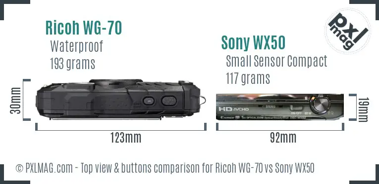 Ricoh WG-70 vs Sony WX50 top view buttons comparison