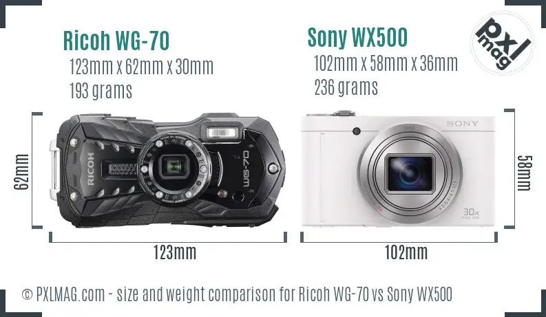 Ricoh WG-70 vs Sony WX500 size comparison