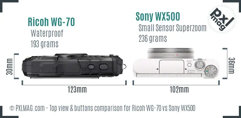 Ricoh WG-70 vs Sony WX500 top view buttons comparison