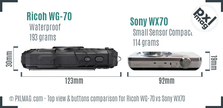 Ricoh WG-70 vs Sony WX70 top view buttons comparison