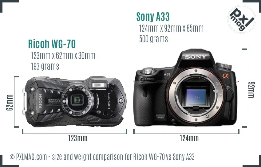 Ricoh WG-70 vs Sony A33 size comparison