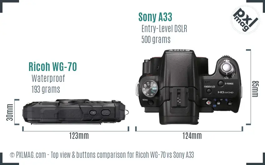 Ricoh WG-70 vs Sony A33 top view buttons comparison