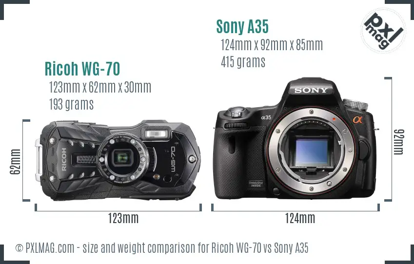 Ricoh WG-70 vs Sony A35 size comparison