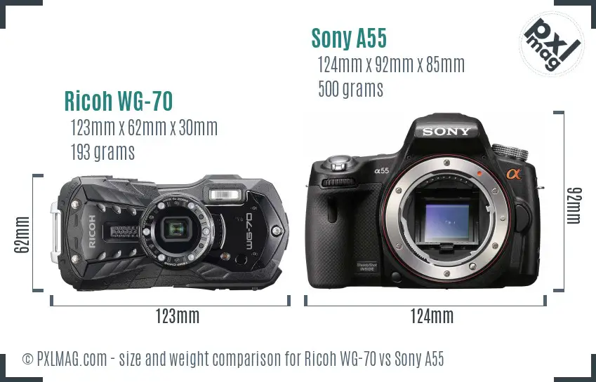 Ricoh WG-70 vs Sony A55 size comparison