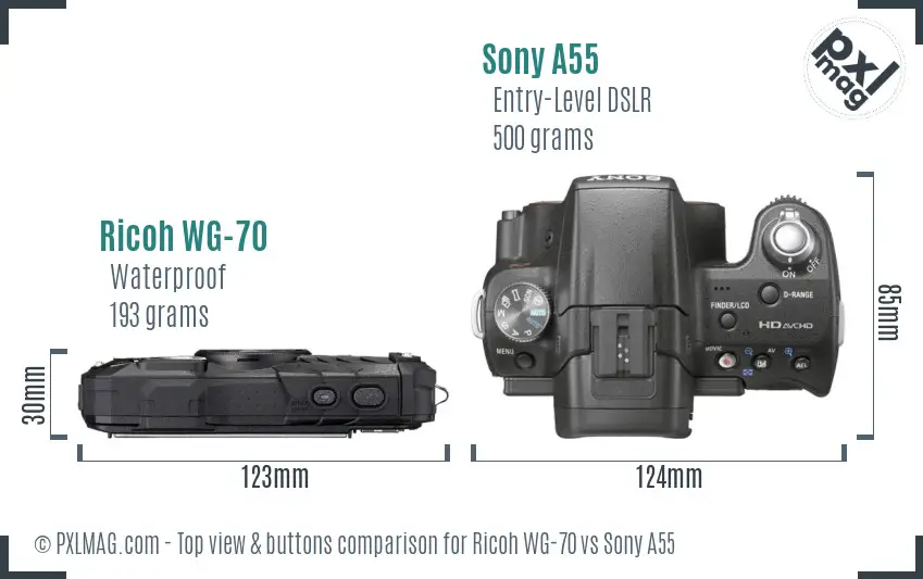 Ricoh WG-70 vs Sony A55 top view buttons comparison