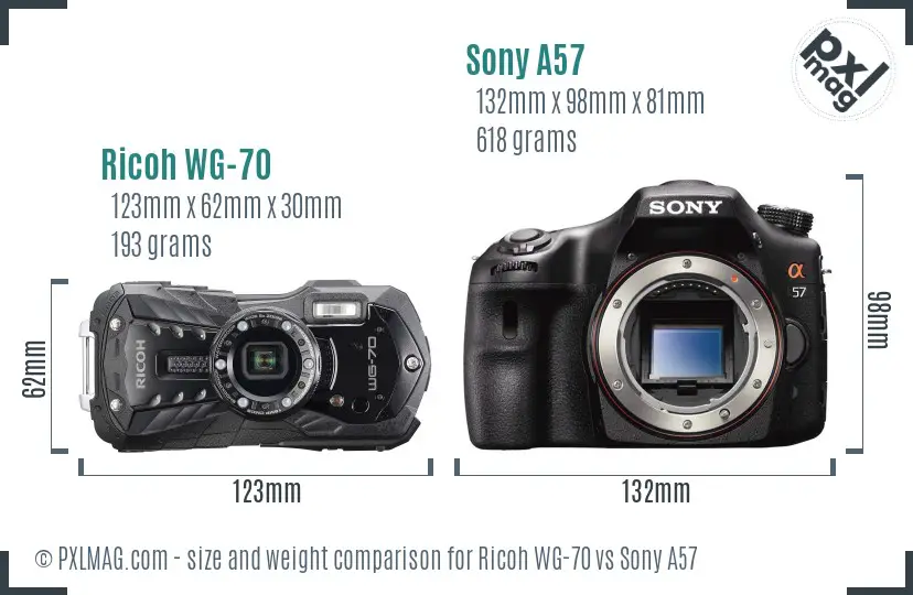 Ricoh WG-70 vs Sony A57 size comparison
