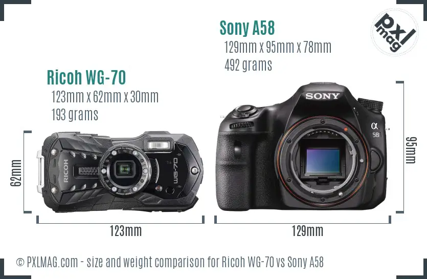 Ricoh WG-70 vs Sony A58 size comparison
