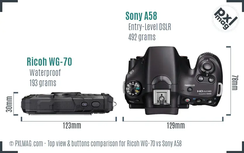 Ricoh WG-70 vs Sony A58 top view buttons comparison