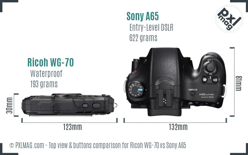 Ricoh WG-70 vs Sony A65 top view buttons comparison