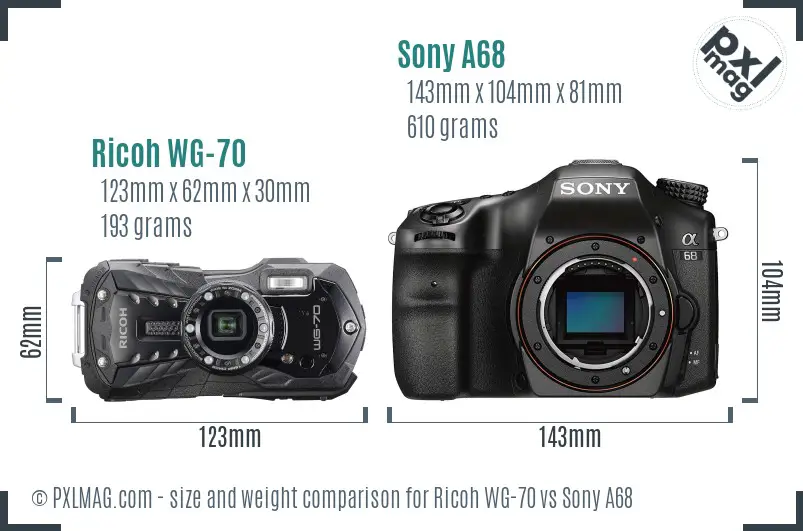 Ricoh WG-70 vs Sony A68 size comparison