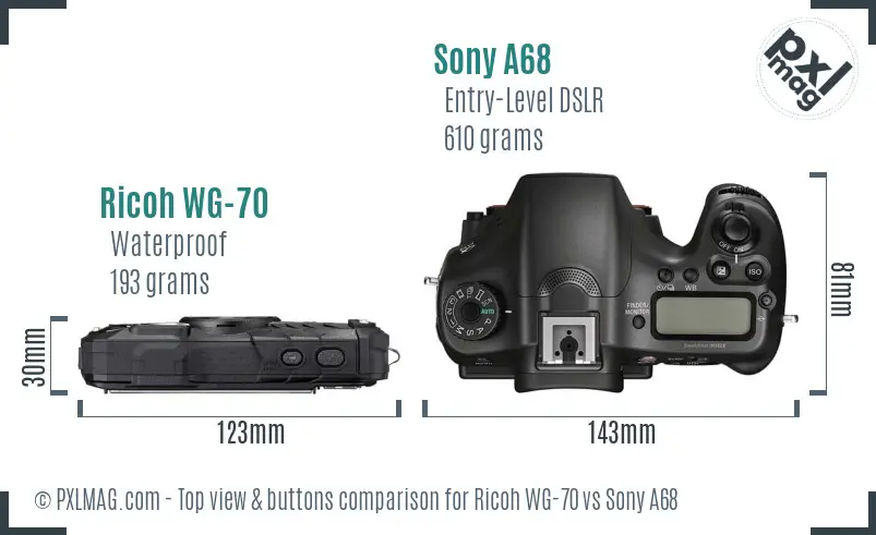 Ricoh WG-70 vs Sony A68 top view buttons comparison