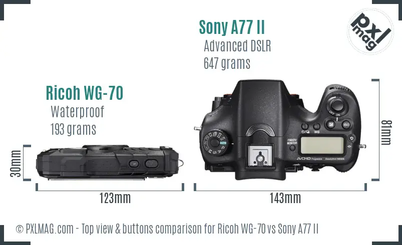 Ricoh WG-70 vs Sony A77 II top view buttons comparison
