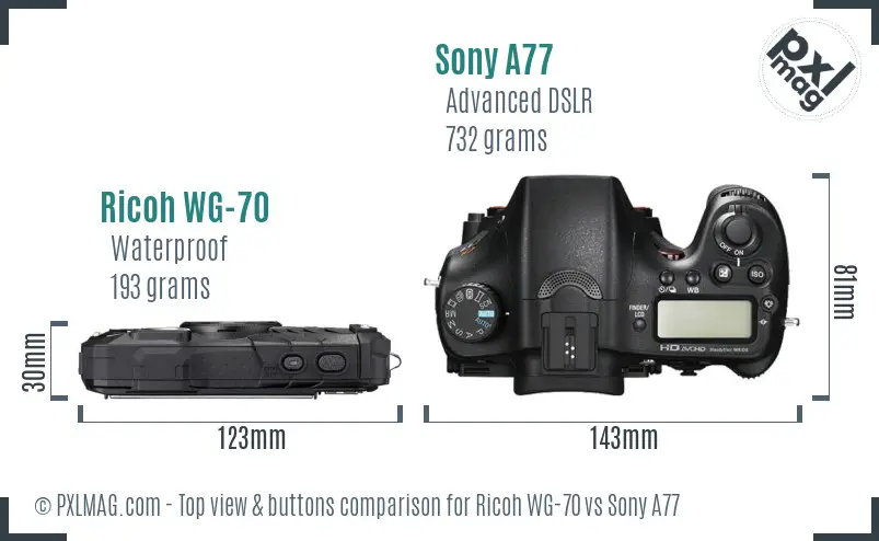 Ricoh WG-70 vs Sony A77 top view buttons comparison