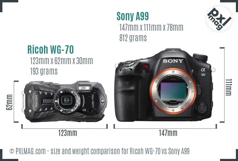Ricoh WG-70 vs Sony A99 size comparison