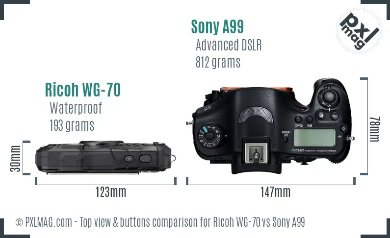 Ricoh WG-70 vs Sony A99 top view buttons comparison