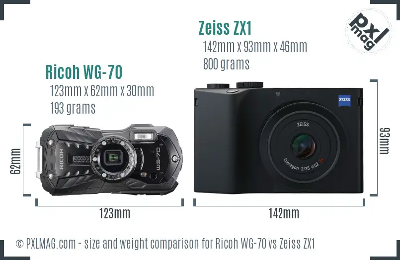 Ricoh WG-70 vs Zeiss ZX1 size comparison