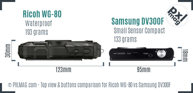 Ricoh WG-80 vs Samsung DV300F top view buttons comparison