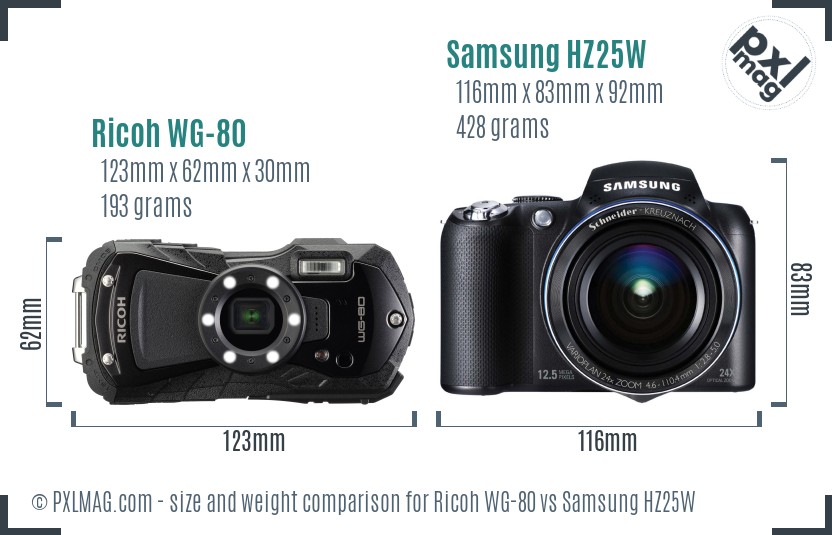 Ricoh WG-80 vs Samsung HZ25W size comparison