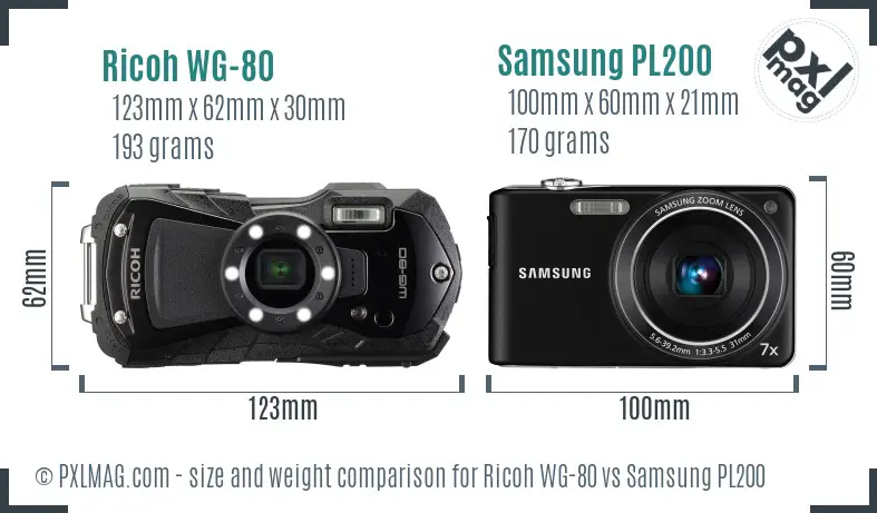 Ricoh WG-80 vs Samsung PL200 size comparison