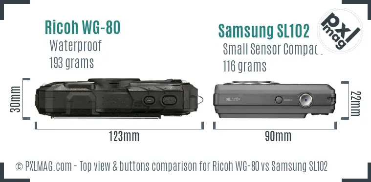 Ricoh WG-80 vs Samsung SL102 top view buttons comparison Ricoh WG-80 vs Samsung SL102 top view buttons comparison