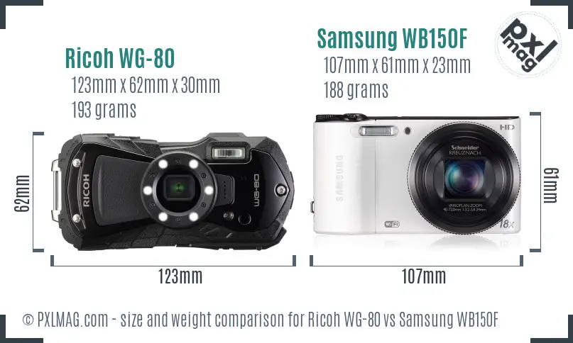 Ricoh WG-80 vs Samsung WB150F size comparison
