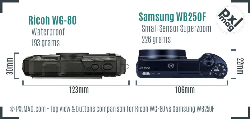 Ricoh WG-80 vs Samsung WB250F top view buttons comparison Ricoh WG-80 vs Samsung WB250F top view buttons comparison