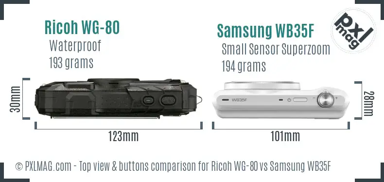 Ricoh WG-80 vs Samsung WB35F top view buttons comparison Ricoh WG-80 vs Samsung WB35F top view buttons comparison