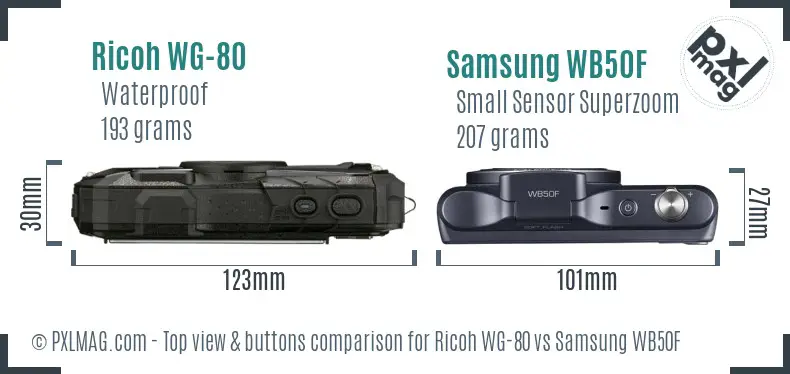Ricoh WG-80 vs Samsung WB50F top view buttons comparison Ricoh WG-80 vs Samsung WB50F top view buttons comparison
