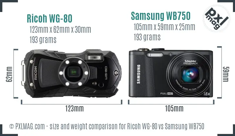 Ricoh WG-80 vs Samsung WB750 size comparison