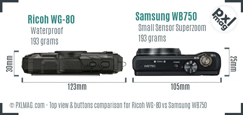 Ricoh WG-80 vs Samsung WB750 top view buttons comparison