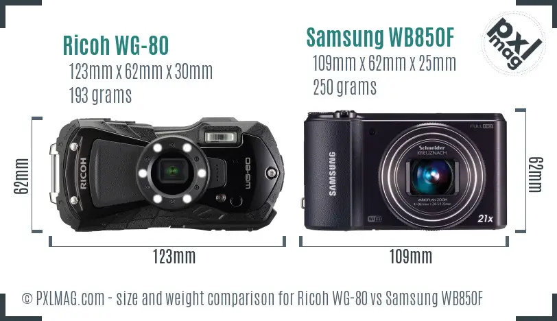 Ricoh WG-80 vs Samsung WB850F size comparison